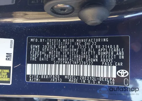 2022 Toyota Corolla Le z USA, uszkodzony, nr VIN 5YFEPMAE1NP328527